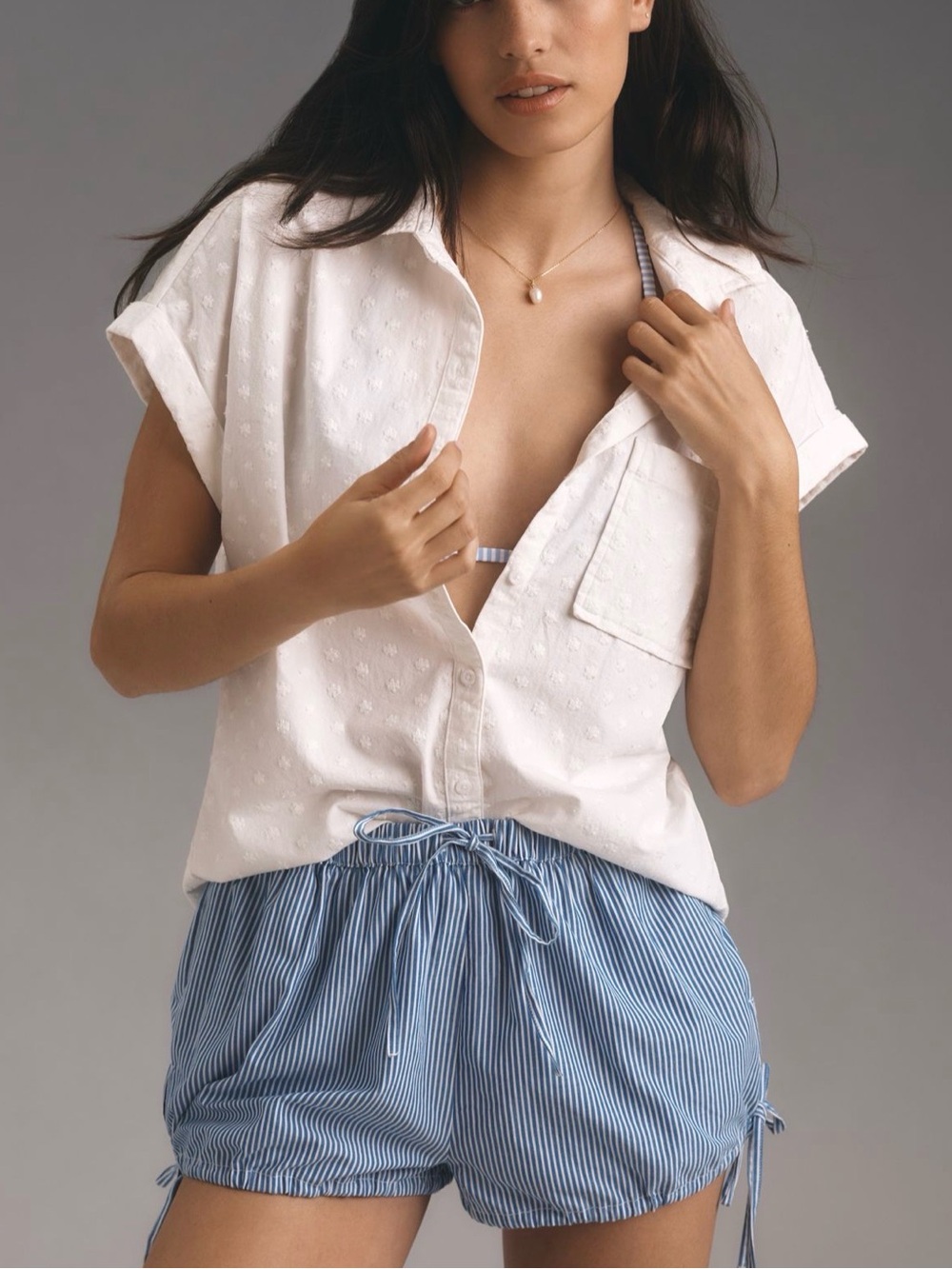 cloth & stone Textured Cream Short Sleeve Button Down Top